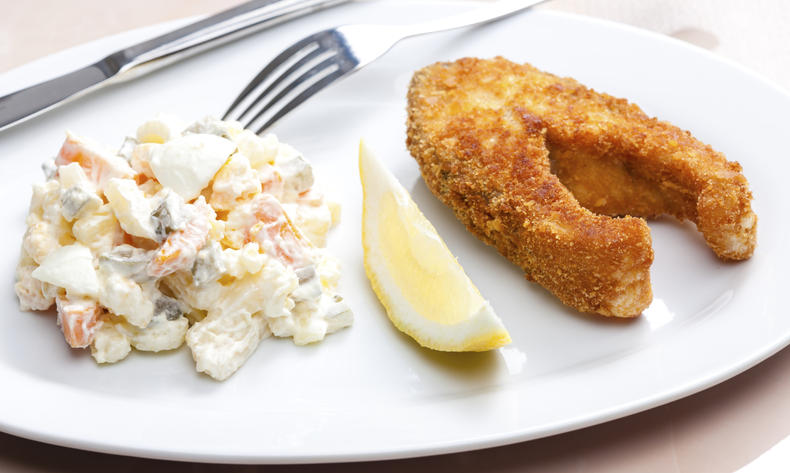 Czech Christmas dinner - potato salad and fried carp